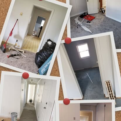 Construction progress photos showing empty rooms with white walls, open doorways, and renovation materials