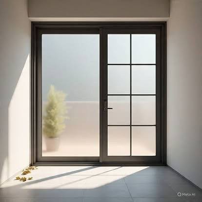 Modern black-framed sliding glass doors with grid panes opening to bright outdoor space