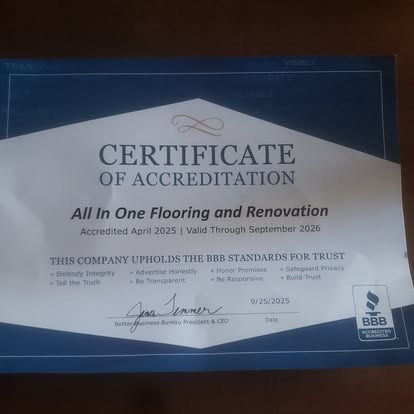 BBB Certificate of Accreditation for All In One Flooring and Renovation, valid April 2025 through September 2026